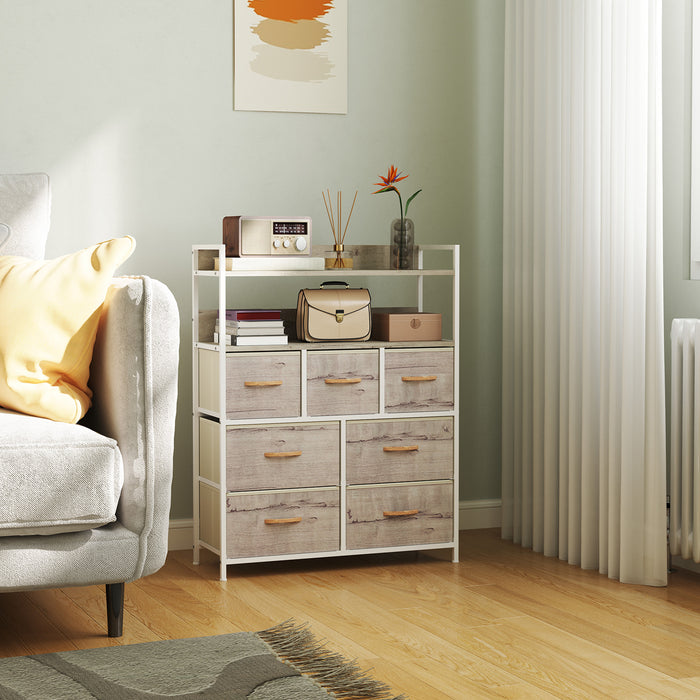 HOMCOM Rustic Chest of Seven Fabric Drawers - Natural Wood Finish