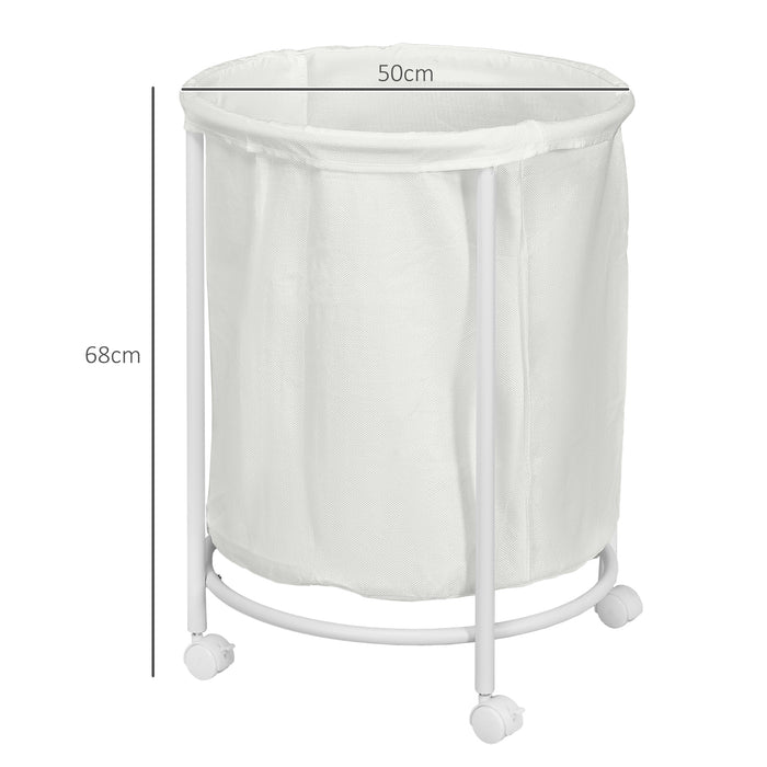 Large 100L Cream White Laundry Basket with Wheels - Round 50cm Hamper with Steel Frame and Removable Bag - Ideal for Bedroom, Bathroom, Laundry Room Organization