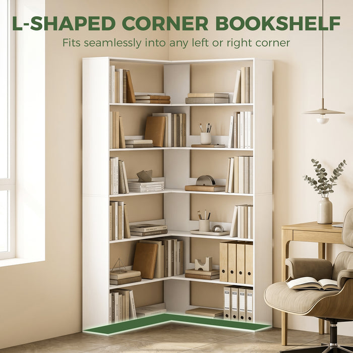 HOMCOM 7 Tiers Bookshelf, L-Shaped Corner Bookcase with Anti-Slip Rear Guard, White Wood Effect