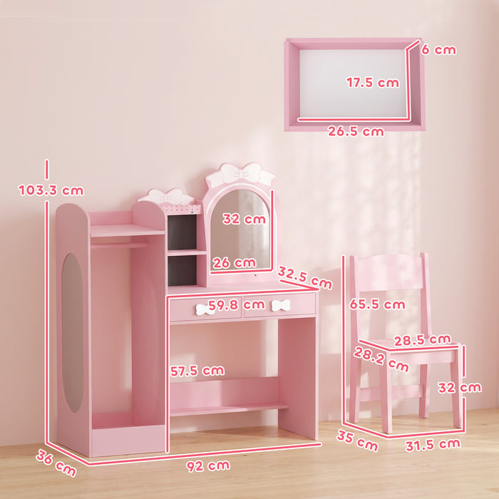 AIYAPLAY Kids Dressing Table, 3-in-1 Girls Vanity Set with Stool, 2-Colour Lights Mirror, Clothes Rack for Ages 3-8, Pink