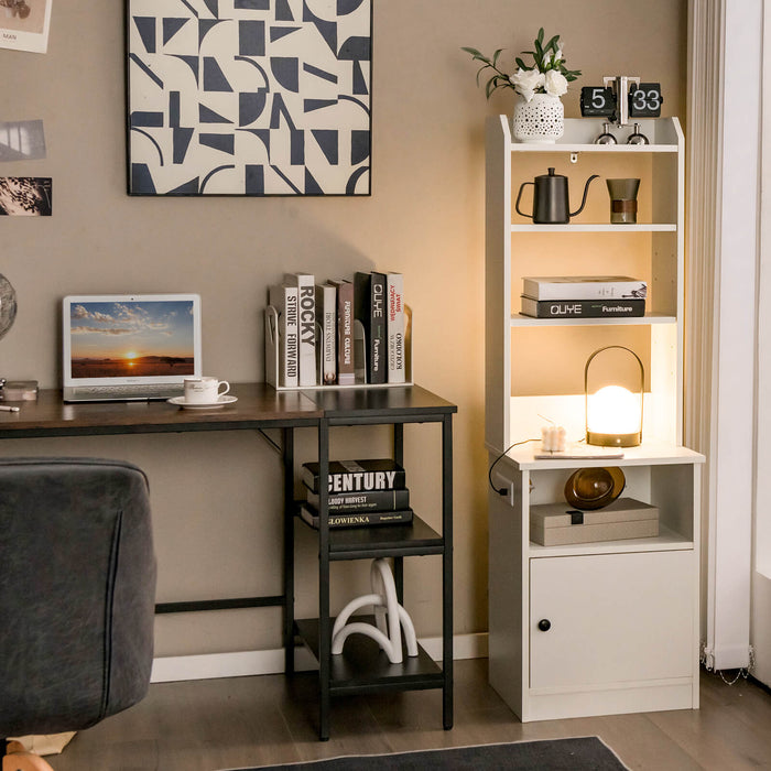 6-Tier Nightstand with Charging Station Tall with Shelf and Cabinet-White