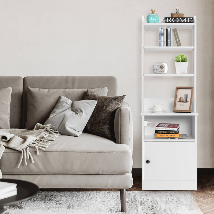 6-Tier Nightstand with Charging Station Tall with Shelf and Cabinet-White