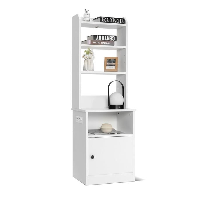 6-Tier Nightstand with Charging Station Tall with Shelf and Cabinet-White