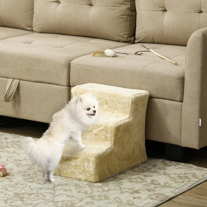 PawHut Three-Step Dog Stairs, with Washable Plush Cover, for High Bed Sofa, Dog Stairs for Small Dog and Cat - Beige | Aosom UK