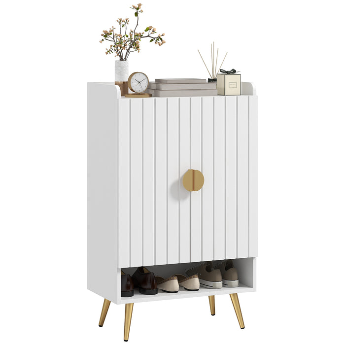 Modern 2-Door Shoe Cabinet with Open Shelf - Adjustable Storage Cupboard Fits 15 Pairs, White - Ideal for Entryway and Hallway Organization
