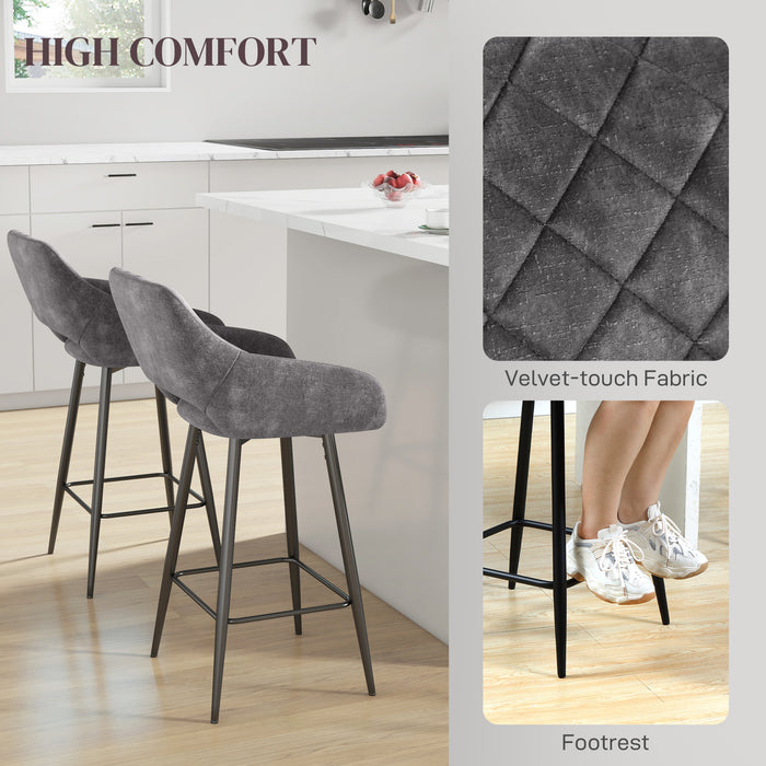 Velvet Grey Bar Stools, Set of 2 - Luxurious Soft Touch Counter Seating - Ideal for Home Bar or Kitchen Island Comfort