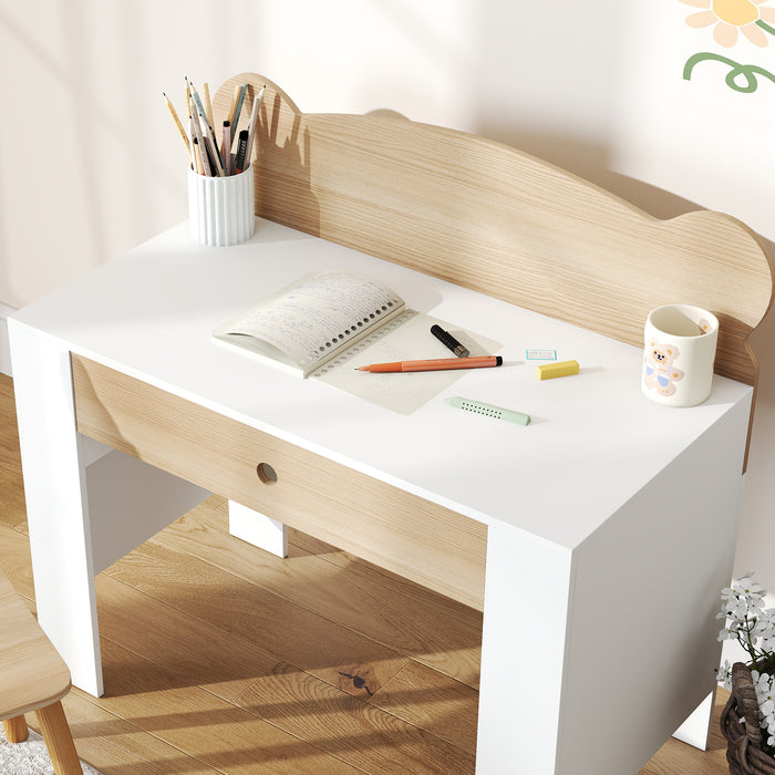 AIYAPLAY Kids Desk and Chair Set with Drawer for Drawing, Reading, Bear Theme Children Furniture for Bedroom, Daycare, Natural