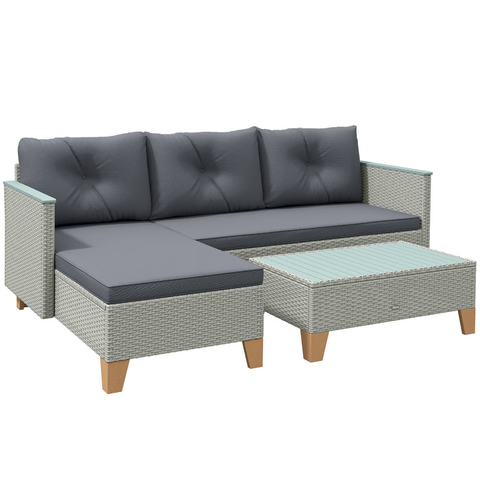 Outsunny 3 Pieces Rattan Garden Furniture Set, L Shaped Garden Conversation Chaise Lounge Furniture with Wood Top Coffee Table and Thick Cushions, Charcoal Grey