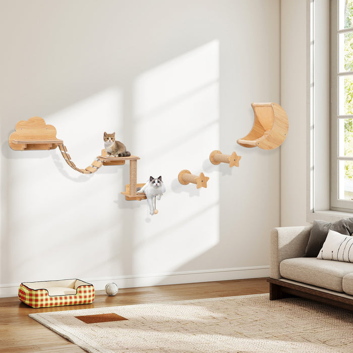 6 Pieces Cat Wall Furniture Set with Hammock and 2-step Cat Tree-