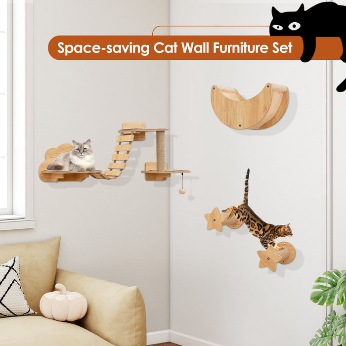 6 Pieces Cat Wall Furniture Set with Hammock and 2-step Cat Tree-