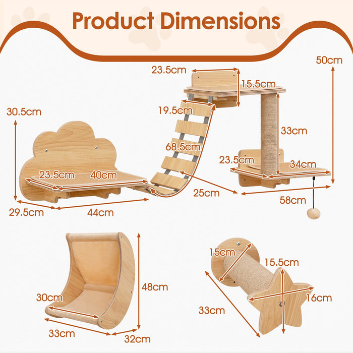 6 Pieces Cat Wall Furniture Set with Hammock and 2-step Cat Tree-