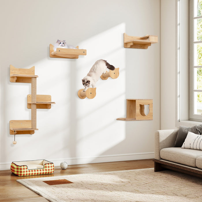 6 Pieces Cat Wall Furniture Set with Food Water Bowl and 3-step Cat Tree-