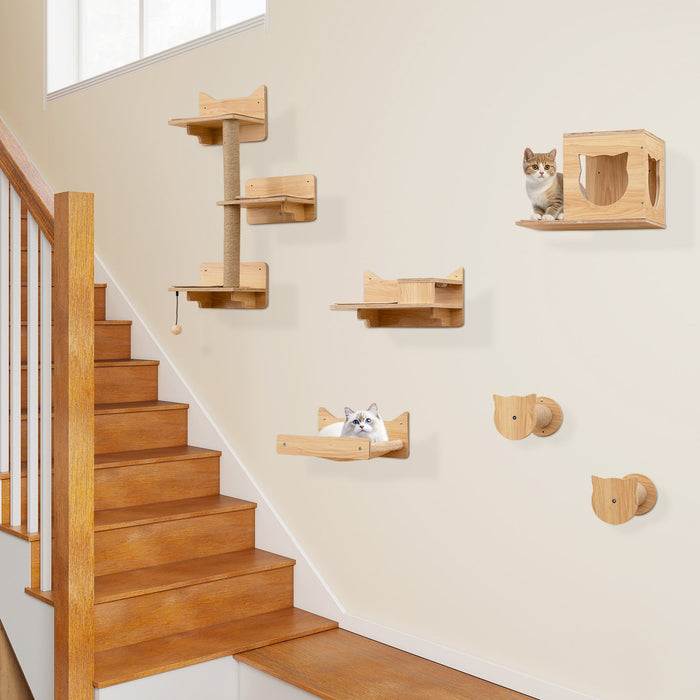 6 Pieces Cat Wall Furniture Set with Food Water Bowl and 3-step Cat Tree-