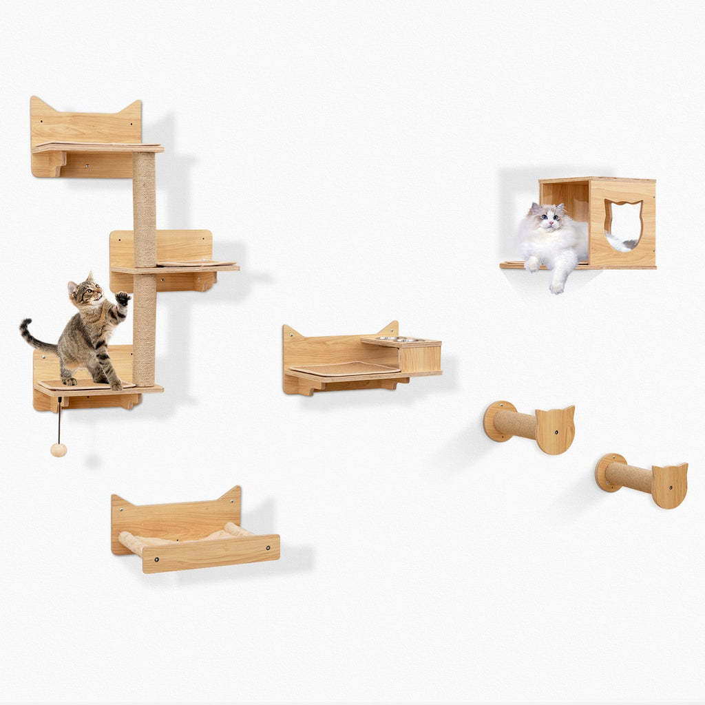 6 Pieces Cat Wall Furniture Set with Food Water Bowl and 3-step Cat Tree-