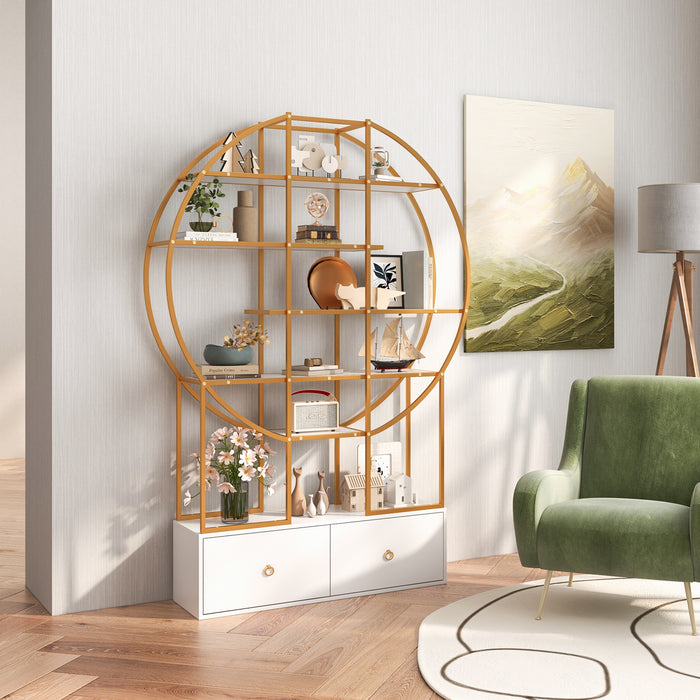 6-Tier Gold Bookshelf with 2 Storage Drawers Staggered Shelves-Golden