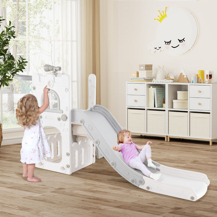 6 in 1 L-shaped Toddle Slide with Basketball Hoop and Telescope-