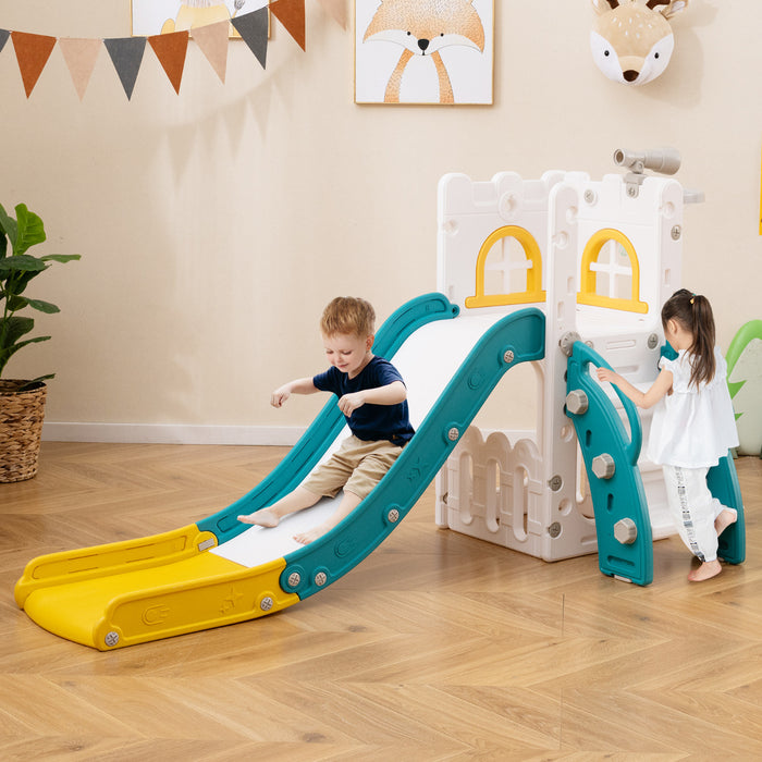 6 in 1 L-shaped Toddle Slide with Basketball Hoop and Telescope-