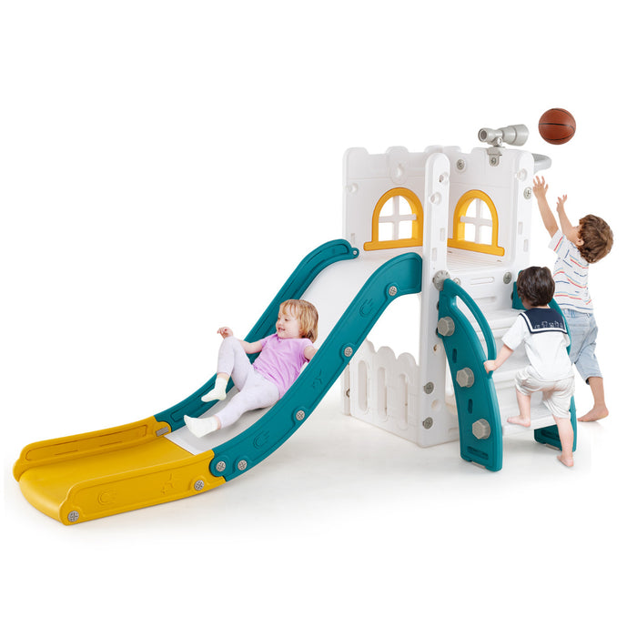 6 in 1 L-shaped Toddle Slide with Basketball Hoop and Telescope-