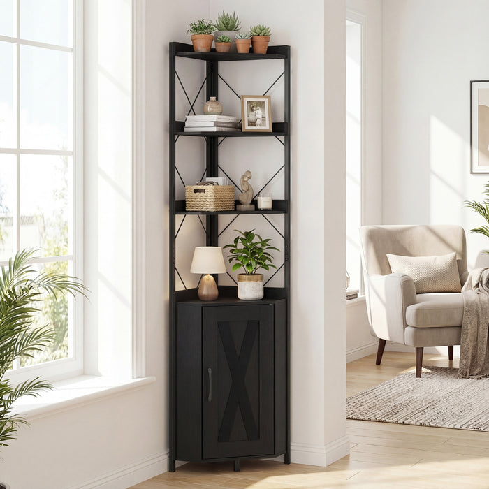 6-Tier Corner Storage Shelf with Door and Raised Edge Protection-White