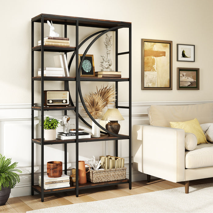 6-Tier Industrial Etagere Bookshelf with Open Storage Shelves and Arc-Shaped Design-White