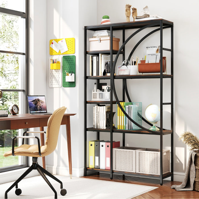 6-Tier Industrial Etagere Bookshelf with Open Storage Shelves and Arc-Shaped Design-White