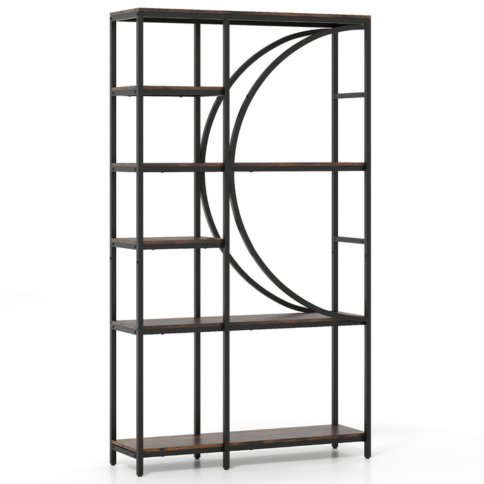 6-Tier Industrial Etagere Bookshelf with Open Storage Shelves and Arc-Shaped Design-White