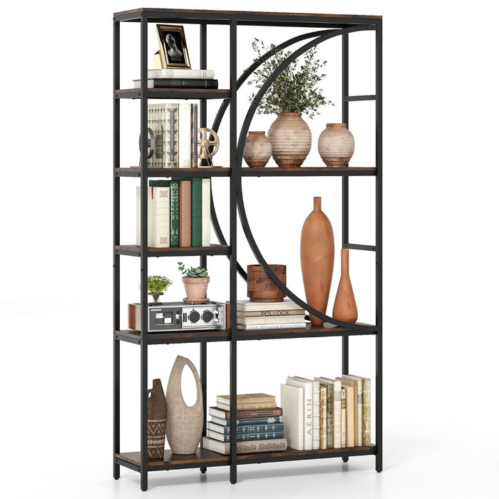 6-Tier Industrial Etagere Bookshelf with Open Storage Shelves and Arc-Shaped Design-White