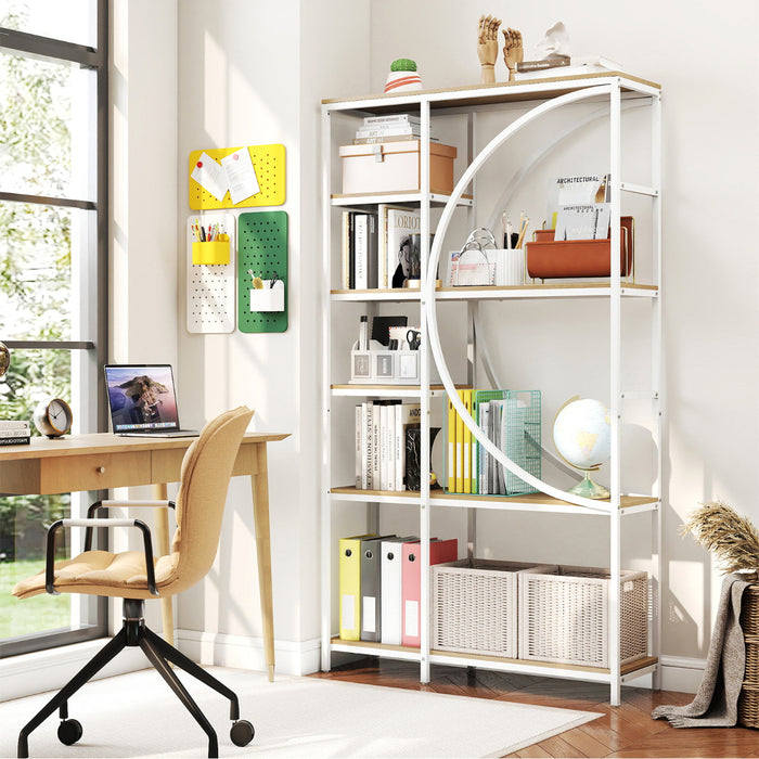 6-Tier Industrial Etagere Bookshelf with Open Storage Shelves and Arc-Shaped Design-White
