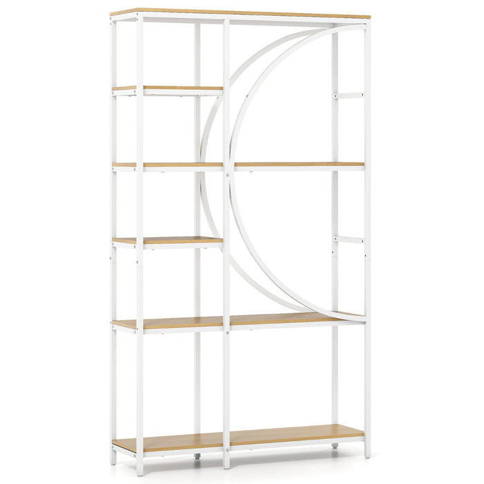 6-Tier Industrial Etagere Bookshelf with Open Storage Shelves and Arc-Shaped Design-White