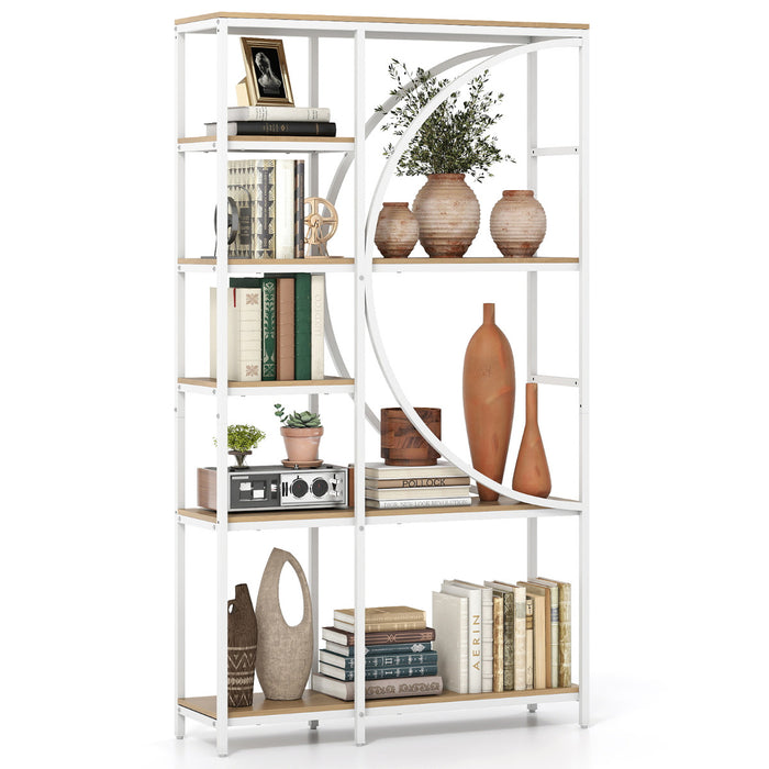6-Tier Industrial Etagere Bookshelf with Open Storage Shelves and Arc-Shaped Design-White