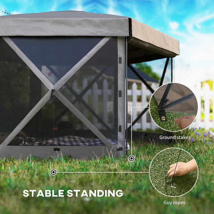 Outsunny 3 x 3(m) Hexagon Pop Up Gazebo with 5 Sides and Carry Bag, Waterproof, UV Resistant Party Tent Instant Event Shelter with Netting for Garden, Patio, Brown