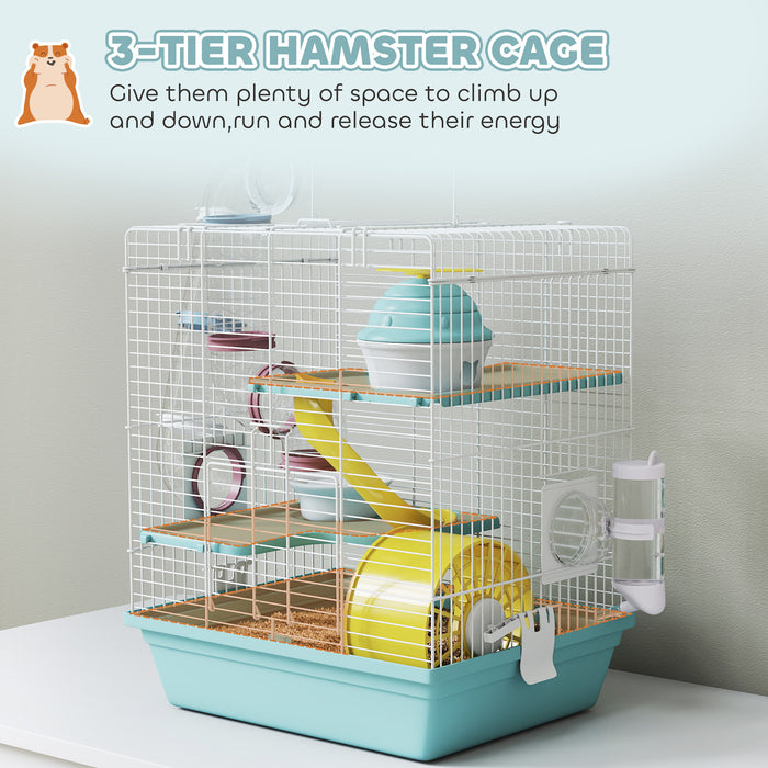 PawHut 3-Level Hamster Cage with Exercise Wheel, Water Bottle, Food Bowl, for Dwarf Hamsters, 34.5 x 27.5 x 41 cm, Blue
