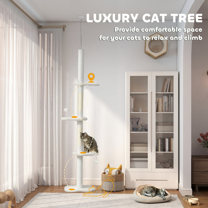 PawHut 225-255 cm Adjustable Cat Climbing Tower with Sisal Scratching Posts, 2 Hanging Play Balls and Anti-Tip Strap, Beige