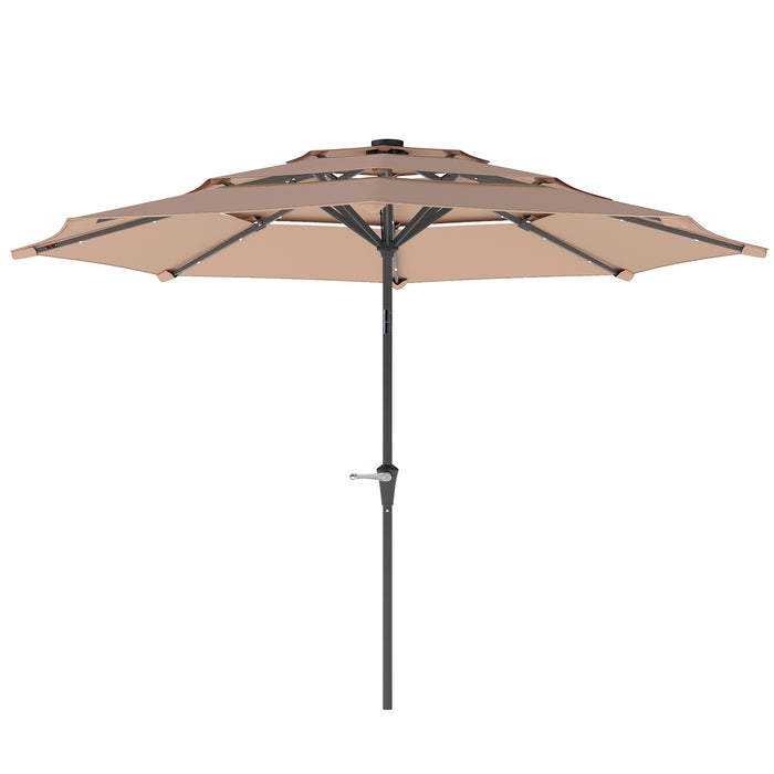 Outsunny 3-Tier Garden Parasol with Solar LED Lights, UPF 30+, Tilt Mechanism & Crank Handle, for Market Terrace, Khaki