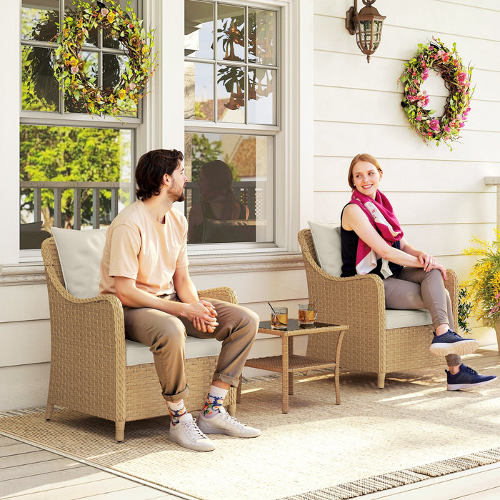 Outsunny Rattan Garden Chairs Set of 2, Outdoor Rattan Chairs with Cushions, Armrests and High Back, PE Wicker Garden Armchair with Steel Frame for Balcony, Porch, Beige