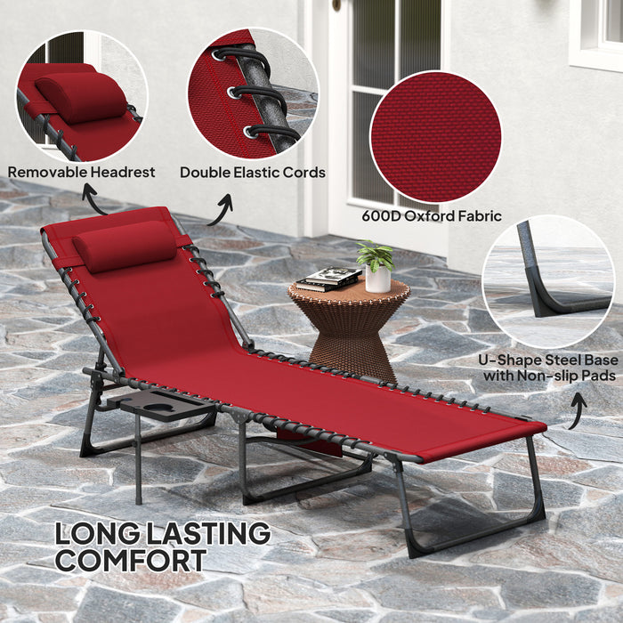 Outsunny Folding Sun Lounger with Side Table, 5-Level Adjustable Reclining Sun Lounger Chair, Portable Garden Recliner Sunbed with Side Pocket, Head Pillow for Patio, Beach, Red