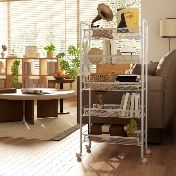 HOMCOM Five-Steel Mesh Basket Storage Trolley, with Wheels - White