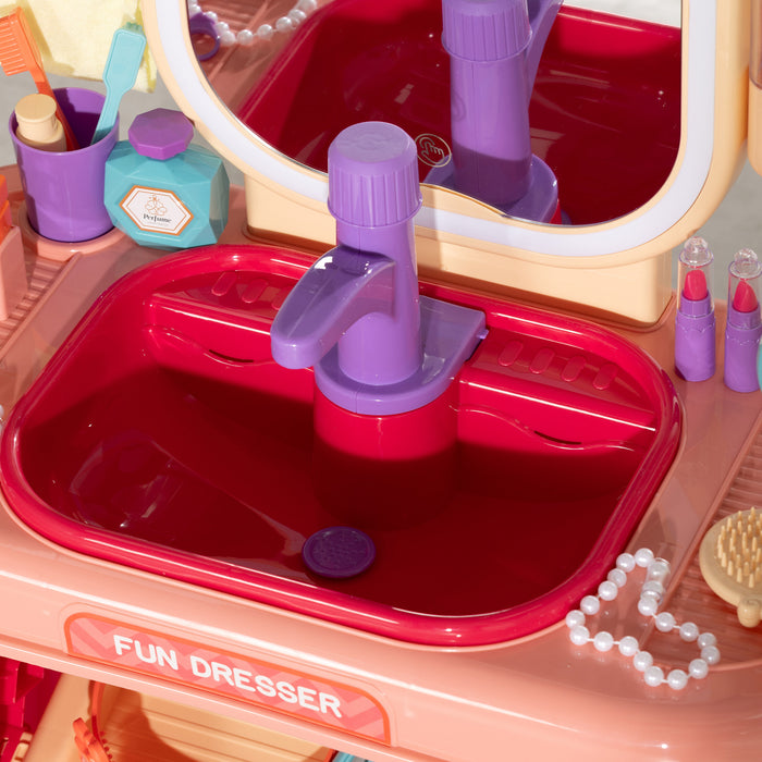 AIYAPLAY Kids Dressing Table with Mirror, LED Light, 23 Accessories, Pink | Aosom UK