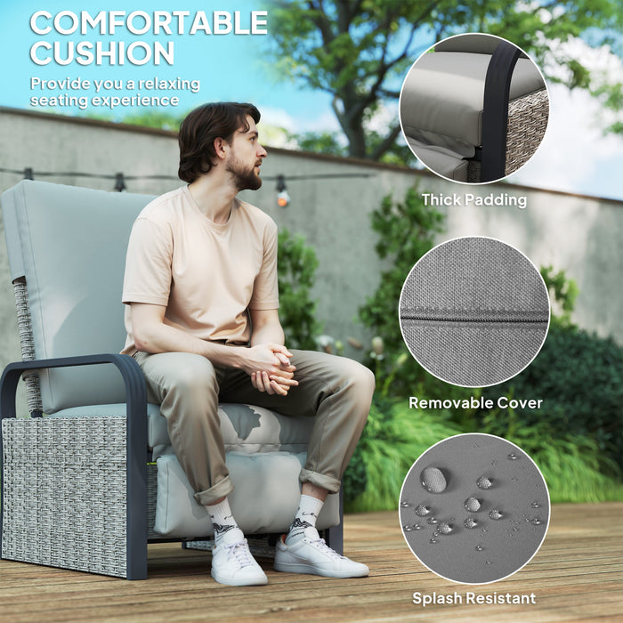 Outsunny Rattan Garden Recliner Chair, Reclining Rattan Chair with Adjustable Backrest and Footrest, Outdoor Lounge Sun Lounger with Cushion, Side Tray and Aluminium Armrests, Light Grey/Dark Grey