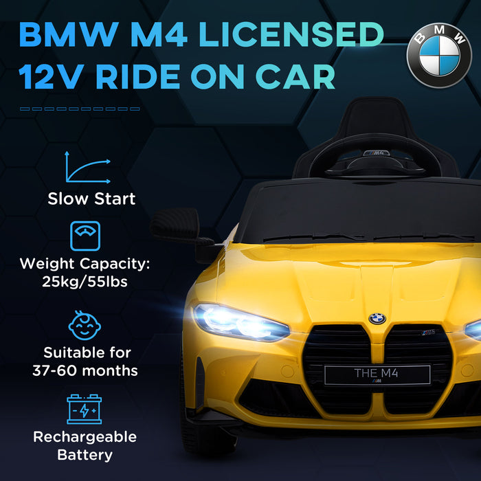 BMW M4 Kids Ride-On Car - 12V Battery-Powered with Remote Control, Suspension, Music Player, Horn, LED Lights - Interactive Playtime for Children in Bright Yellow