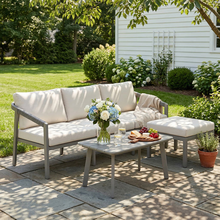 Outsunny 3 Piece Garden Dining Set, Outdoor Patio Furniture with 3 Seater Sofa, Footstool, Coffee Table and Cuhsions