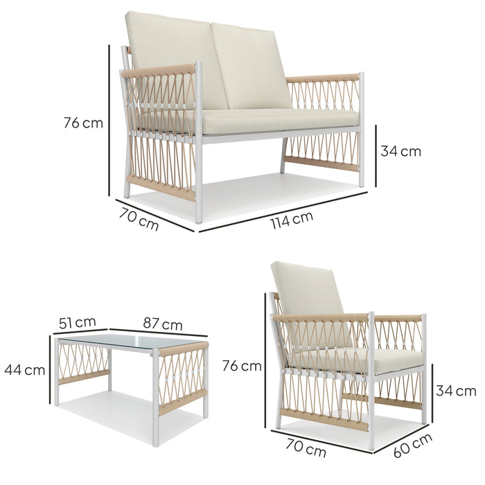 Outsunny 4 Piece Rattan Garden Furniture Set, 4 Seater Wicker Patio Conversation Set with 2 Armchairs, Loveseat, Glass Top Coffee Table and Cushions for Outdoor, Balcony, Khaki