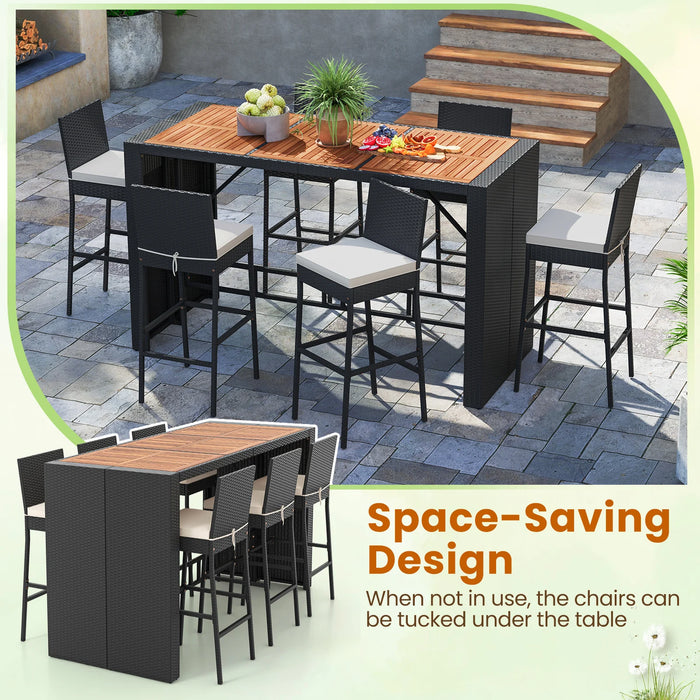 7-Piece Patio Bar Dining Set PE Rattan Furniture Set with Acacia Wood Tabletop and Soft Cushions-