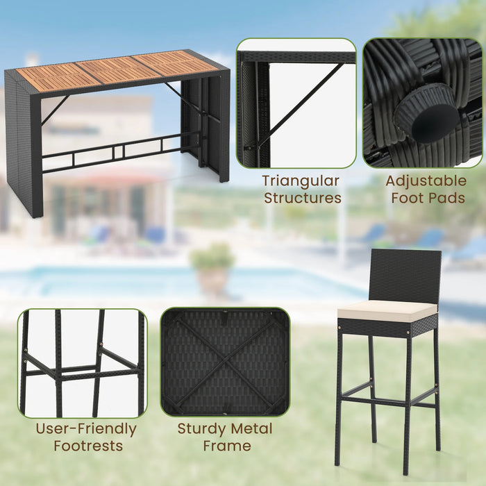 7-Piece Patio Bar Dining Set PE Rattan Furniture Set with Acacia Wood Tabletop and Soft Cushions-