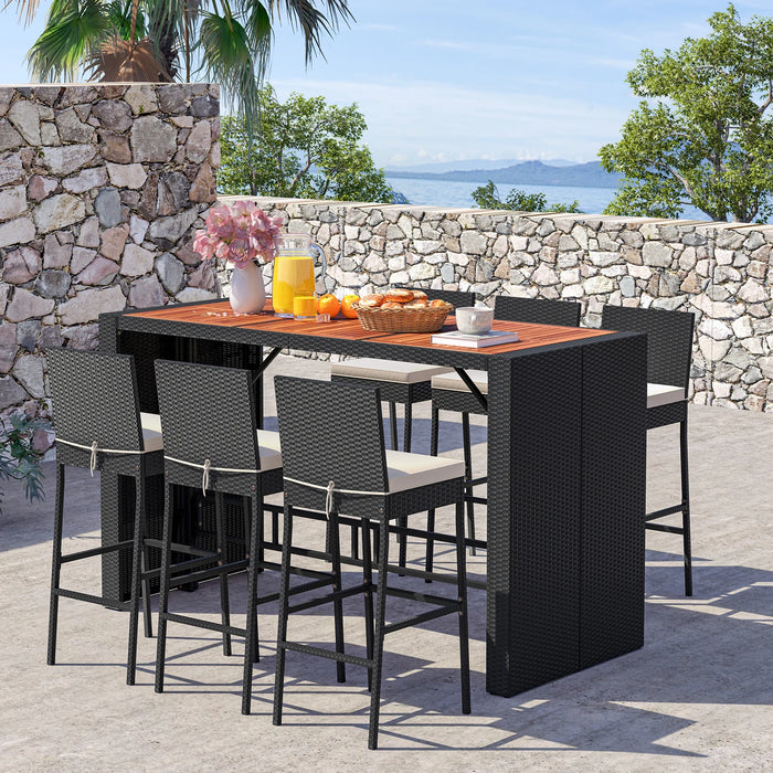 7-Piece Patio Bar Dining Set PE Rattan Furniture Set with Acacia Wood Tabletop and Soft Cushions-