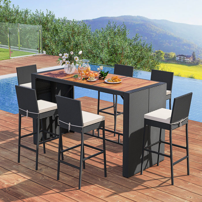 7-Piece Patio Bar Dining Set PE Rattan Furniture Set with Acacia Wood Tabletop and Soft Cushions-