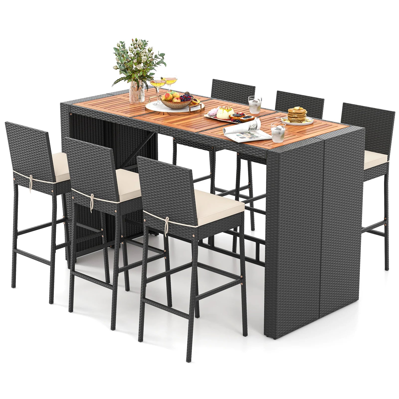 7-Piece Patio Bar Dining Set PE Rattan Furniture Set with Acacia Wood Tabletop and Soft Cushions-