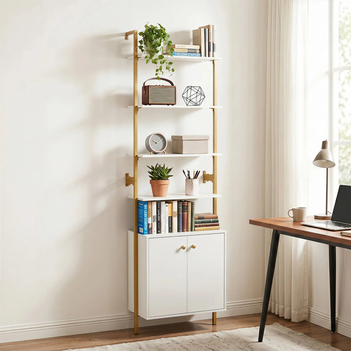 7-Tier Ladder Bookshelf with 2-Door Cabinet and 4 Shelves-White