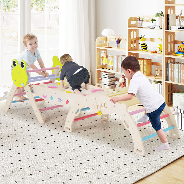 7-in-1 Triangle Set for Kids Frog Climbing Frame with Ramp and Foldable Triangle-Natural