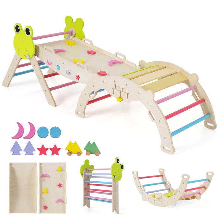 7-in-1 Triangle Set for Kids Frog Climbing Frame with Ramp and Foldable Triangle-Natural